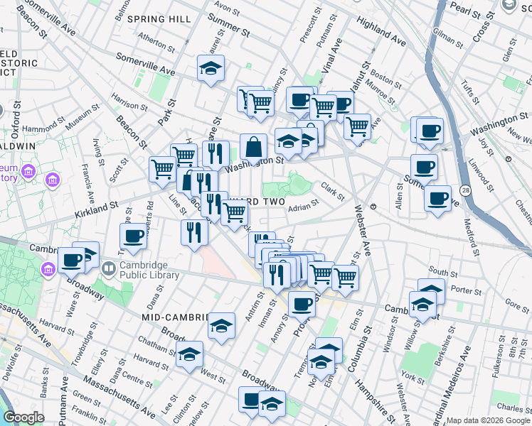 map of restaurants, bars, coffee shops, grocery stores, and more near 10 Wyatt Circle in Somerville