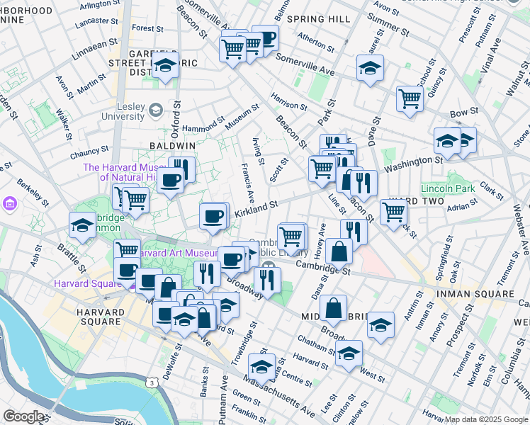 map of restaurants, bars, coffee shops, grocery stores, and more near 56 Kirkland Street in Cambridge