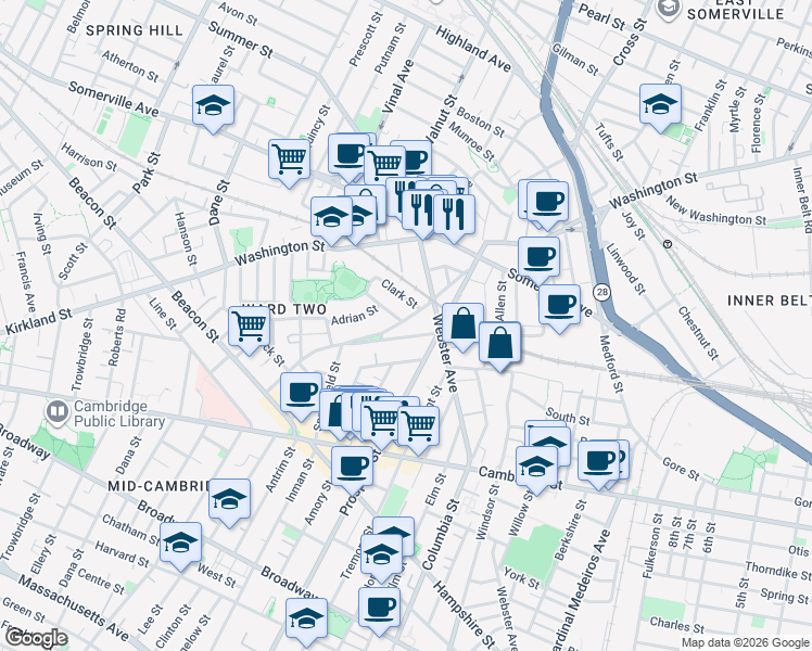 map of restaurants, bars, coffee shops, grocery stores, and more near 22 Concord Avenue in Somerville