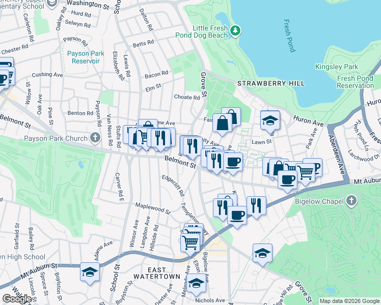 map of restaurants, bars, coffee shops, grocery stores, and more near 7 Grove Street in Belmont