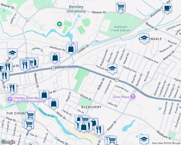 map of restaurants, bars, coffee shops, grocery stores, and more near 37 Potter Road in Waltham
