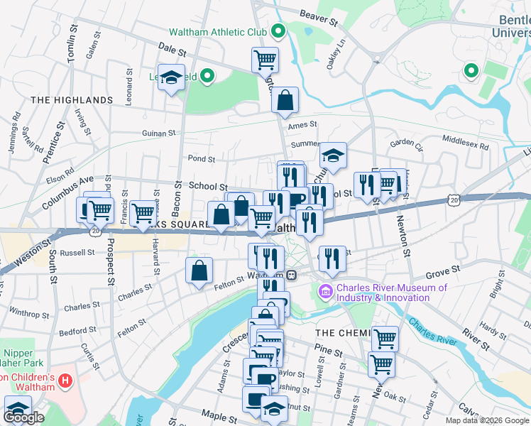 map of restaurants, bars, coffee shops, grocery stores, and more near in Waltham