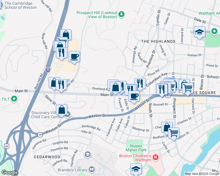 map of restaurants, bars, coffee shops, grocery stores, and more near 1089 Main Street in Waltham