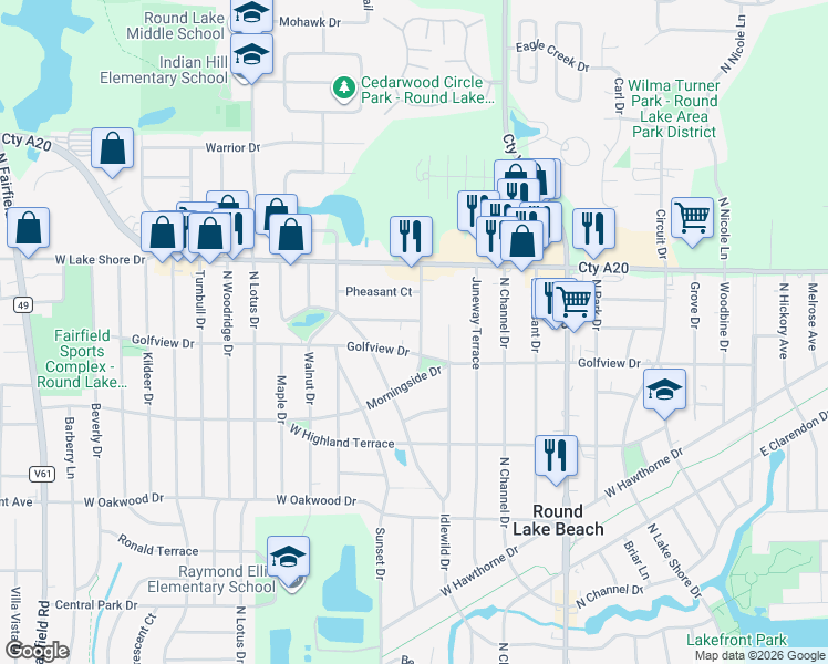 map of restaurants, bars, coffee shops, grocery stores, and more near 506 West Golfview Drive in Round Lake Beach