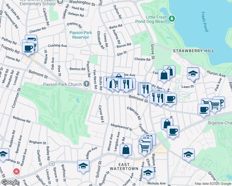 map of restaurants, bars, coffee shops, grocery stores, and more near 165 Winsor Avenue in Watertown