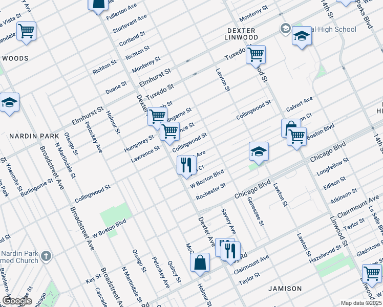 map of restaurants, bars, coffee shops, grocery stores, and more near 3310 Calvert Avenue in Detroit