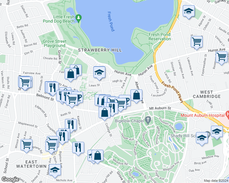 map of restaurants, bars, coffee shops, grocery stores, and more near 85 Holworthy Street in Cambridge