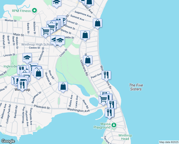 map of restaurants, bars, coffee shops, grocery stores, and more near 313 Shirley Street in Winthrop