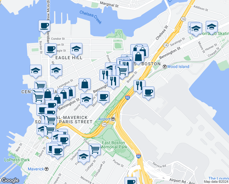 map of restaurants, bars, coffee shops, grocery stores, and more near 198 Putnam Street in Boston