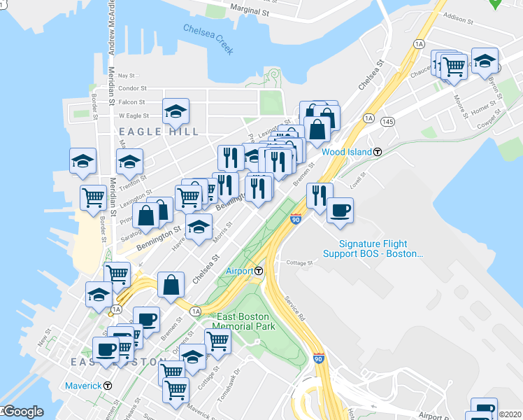 map of restaurants, bars, coffee shops, grocery stores, and more near 198 Putnam Street in Boston