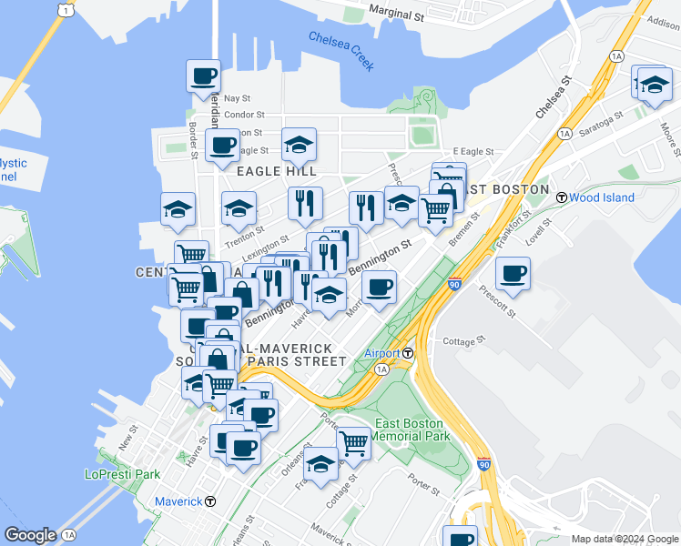 map of restaurants, bars, coffee shops, grocery stores, and more near 293 Havre Street in Boston