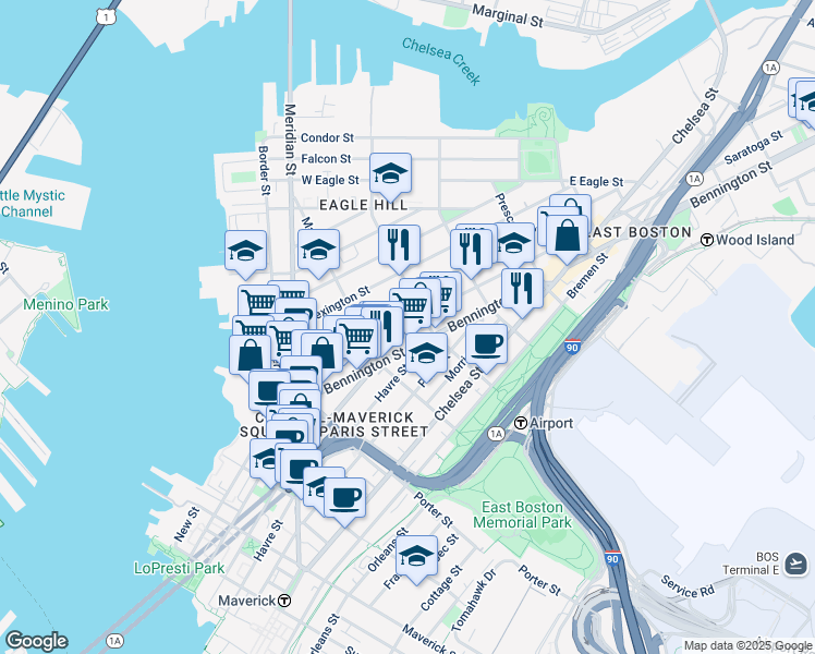 map of restaurants, bars, coffee shops, grocery stores, and more near 293 Havre Street in Boston