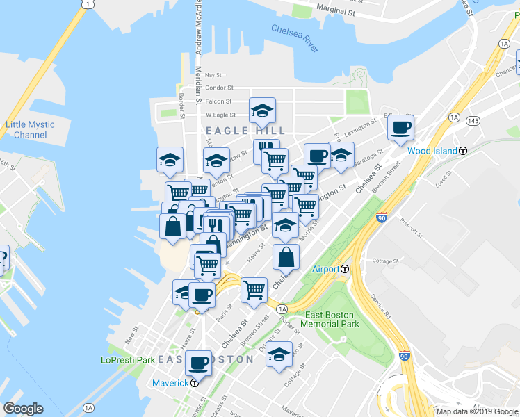 map of restaurants, bars, coffee shops, grocery stores, and more near 92 Bennington Street in Boston