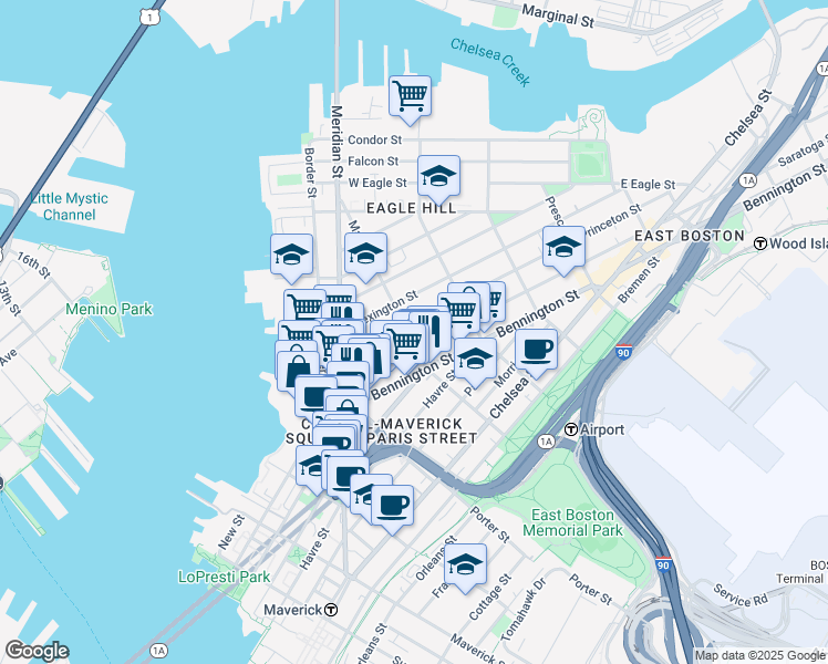 map of restaurants, bars, coffee shops, grocery stores, and more near 56 Saratoga Street in Boston