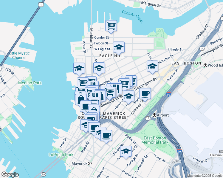 map of restaurants, bars, coffee shops, grocery stores, and more near 56 Saratoga Street in Boston