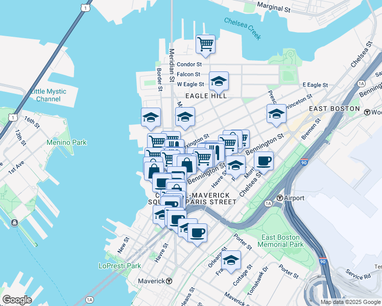 map of restaurants, bars, coffee shops, grocery stores, and more near 56 Saratoga Street in Boston