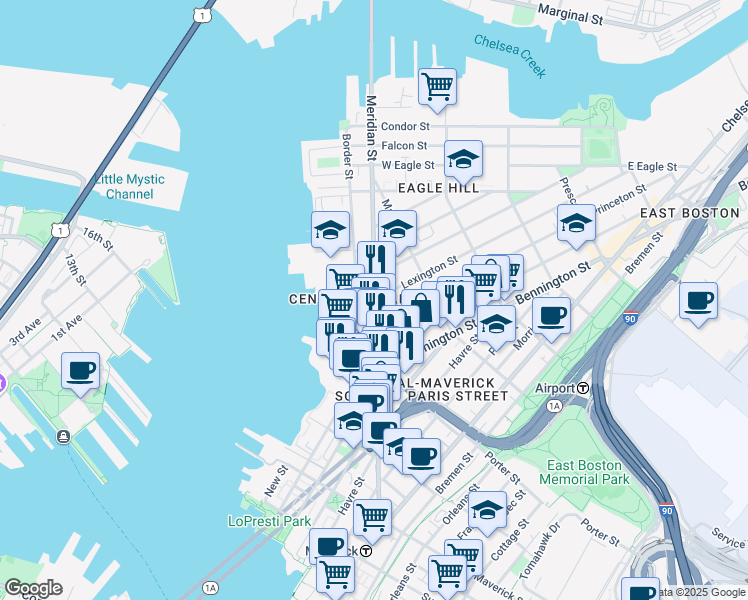 map of restaurants, bars, coffee shops, grocery stores, and more near 13 Princeton Street in Boston