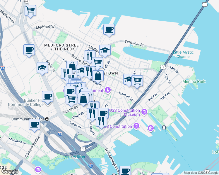 map of restaurants, bars, coffee shops, grocery stores, and more near Freedom Trail in Boston
