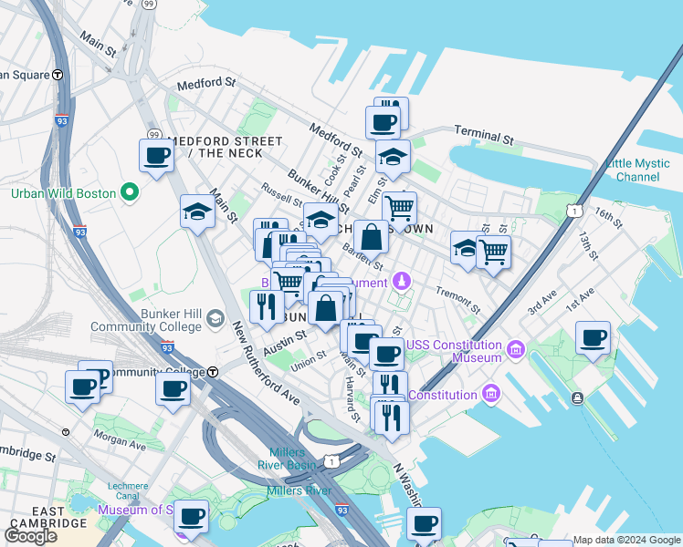 map of restaurants, bars, coffee shops, grocery stores, and more near 27 Wood Street in Boston