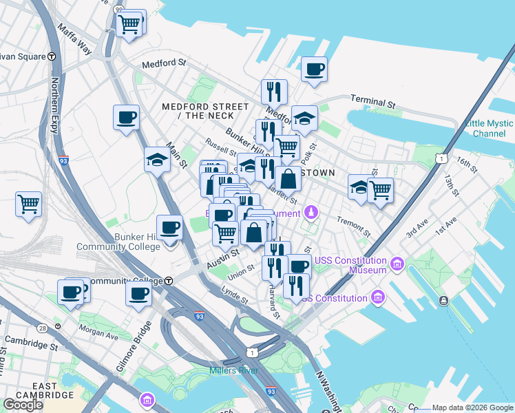 map of restaurants, bars, coffee shops, grocery stores, and more near 27 Wood Street in Boston