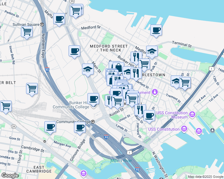 map of restaurants, bars, coffee shops, grocery stores, and more near 77 Lawrence Street in Boston