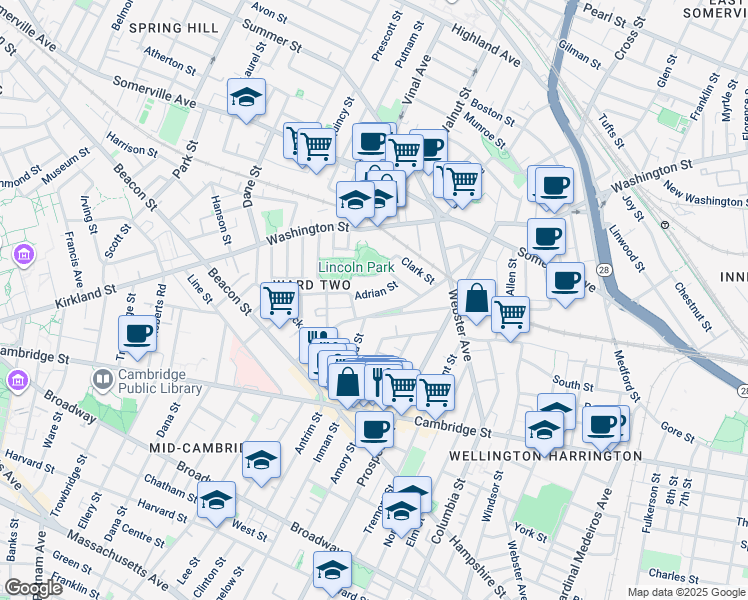 map of restaurants, bars, coffee shops, grocery stores, and more near 48 Concord Avenue in Somerville