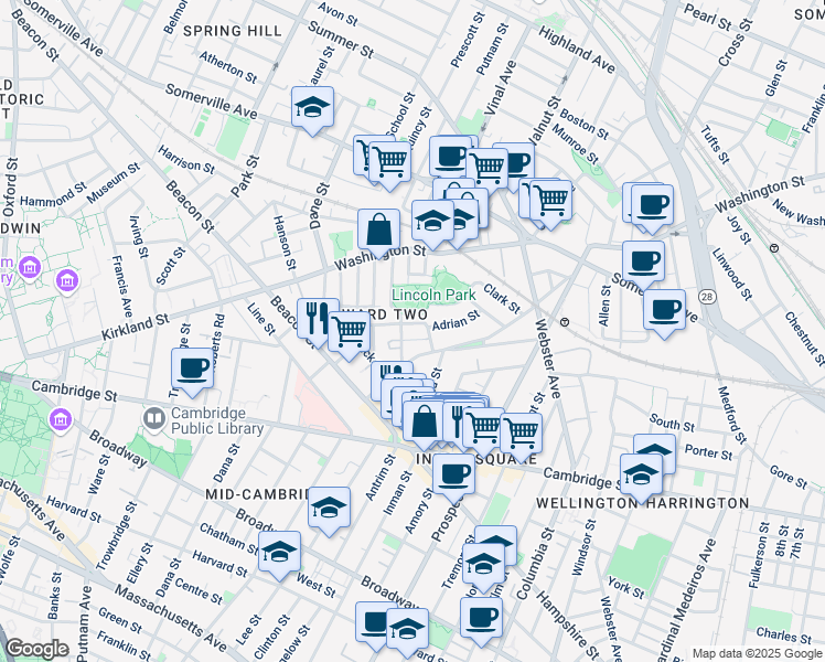 map of restaurants, bars, coffee shops, grocery stores, and more near 68 Concord Avenue in Somerville