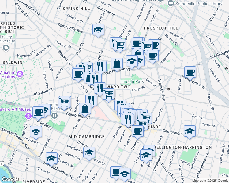 map of restaurants, bars, coffee shops, grocery stores, and more near 15 Buckingham Street in Somerville