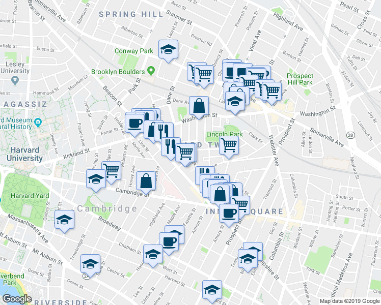 map of restaurants, bars, coffee shops, grocery stores, and more near 15 Buckingham Street in Somerville