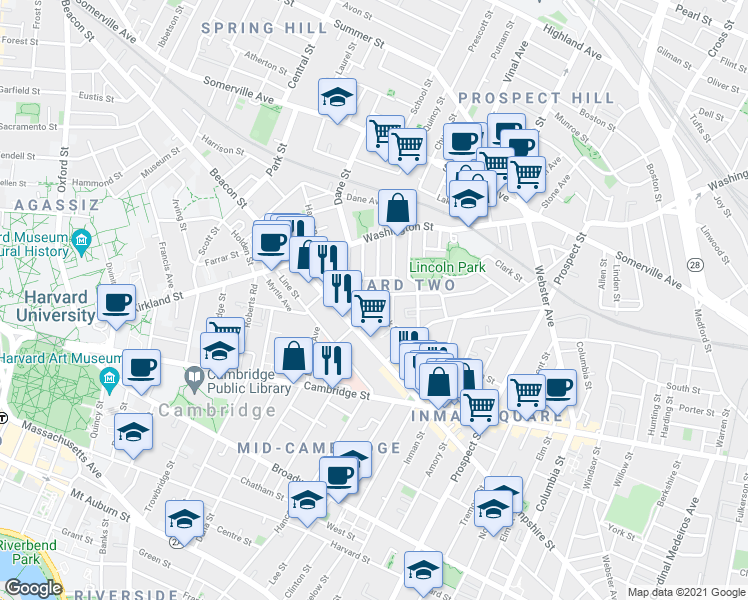 map of restaurants, bars, coffee shops, grocery stores, and more near 15 Buckingham Street in Somerville
