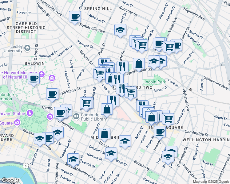 map of restaurants, bars, coffee shops, grocery stores, and more near 59 Magnolia Avenue in Cambridge