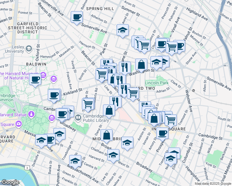 map of restaurants, bars, coffee shops, grocery stores, and more near 59 Magnolia Avenue in Cambridge
