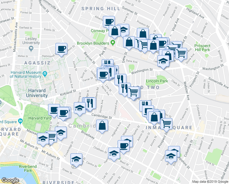 map of restaurants, bars, coffee shops, grocery stores, and more near 59 Magnolia Avenue in Cambridge