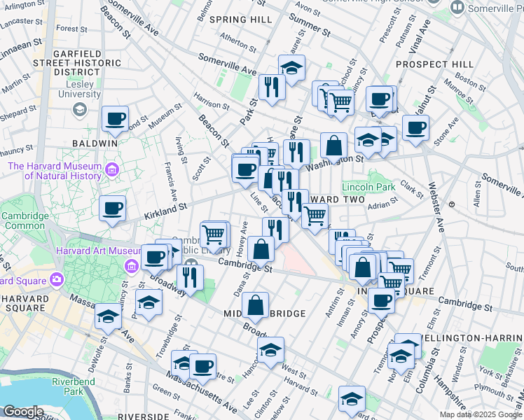 map of restaurants, bars, coffee shops, grocery stores, and more near 59 Magnolia Avenue in Cambridge