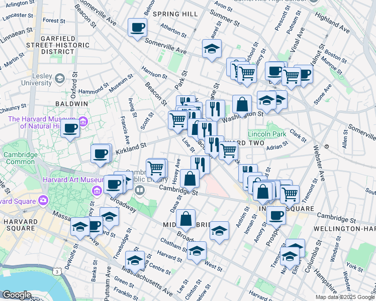map of restaurants, bars, coffee shops, grocery stores, and more near 59 Magnolia Avenue in Cambridge