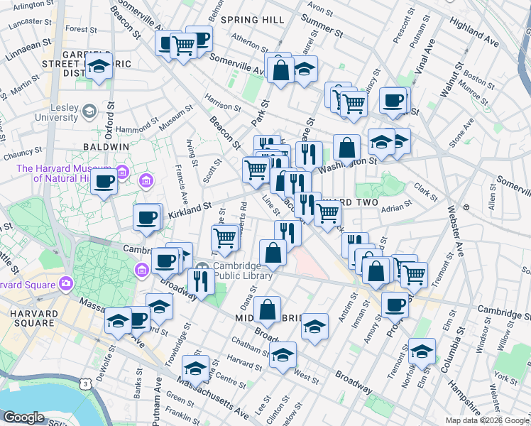 map of restaurants, bars, coffee shops, grocery stores, and more near 4 Lamont Avenue in Cambridge