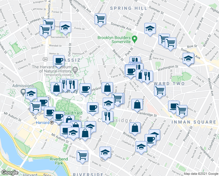 map of restaurants, bars, coffee shops, grocery stores, and more near 40 Irving Street in Cambridge