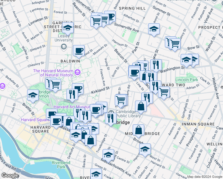 map of restaurants, bars, coffee shops, grocery stores, and more near 40 Irving Street in Cambridge