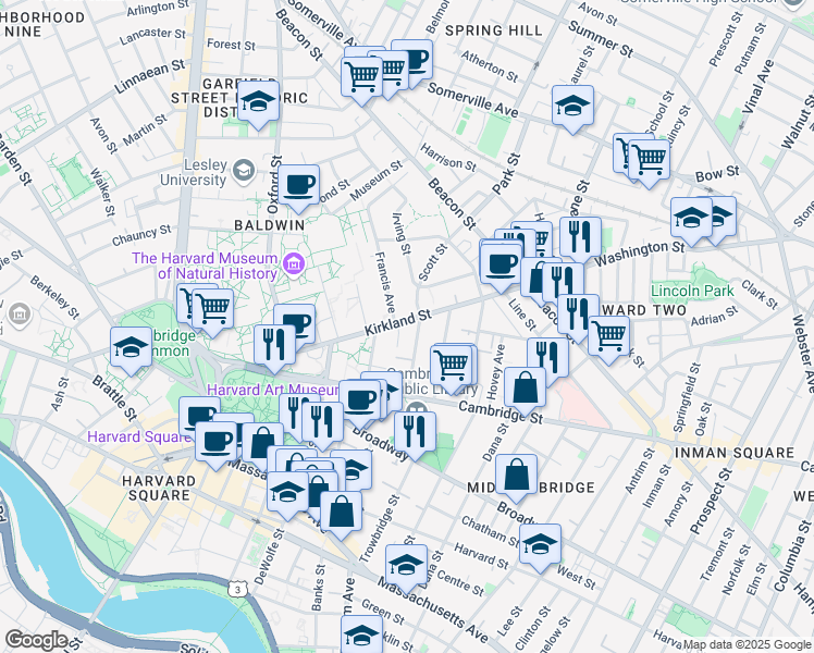 map of restaurants, bars, coffee shops, grocery stores, and more near 40 Irving Street in Cambridge