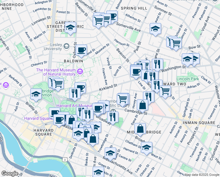 map of restaurants, bars, coffee shops, grocery stores, and more near 40 Irving Street in Cambridge
