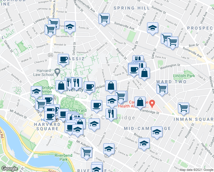 map of restaurants, bars, coffee shops, grocery stores, and more near in Cambridge