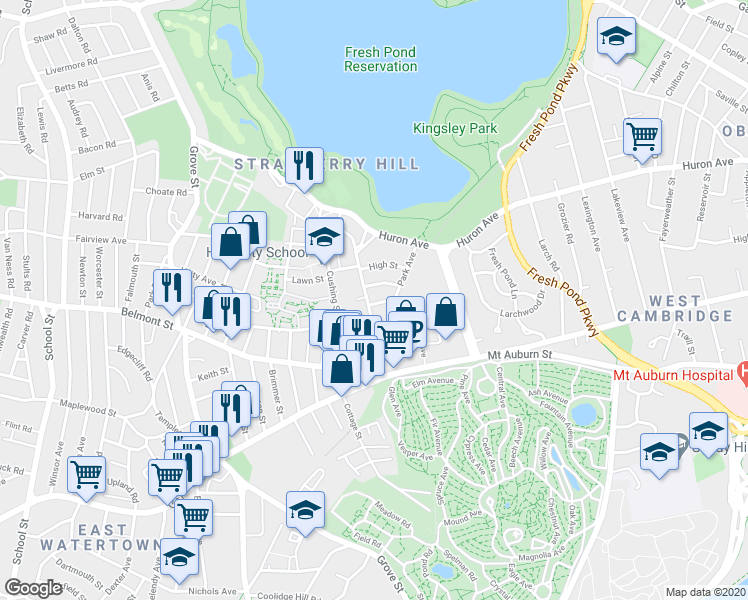 map of restaurants, bars, coffee shops, grocery stores, and more near 28 Holworthy Place in Cambridge
