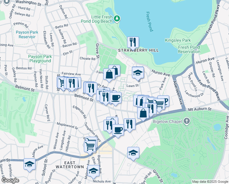 map of restaurants, bars, coffee shops, grocery stores, and more near 24 Exeter Street in Belmont