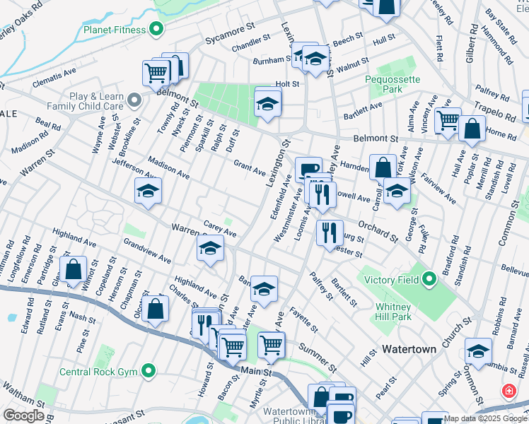 map of restaurants, bars, coffee shops, grocery stores, and more near 188 Edenfield Avenue in Watertown