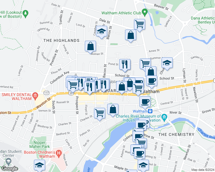 map of restaurants, bars, coffee shops, grocery stores, and more near in Waltham