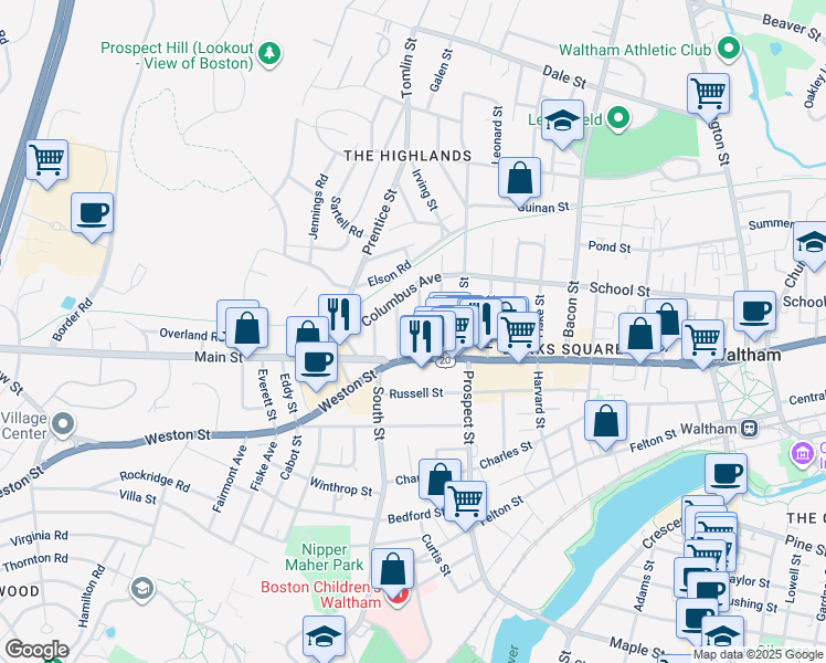 map of restaurants, bars, coffee shops, grocery stores, and more near 933 Main Street in Waltham