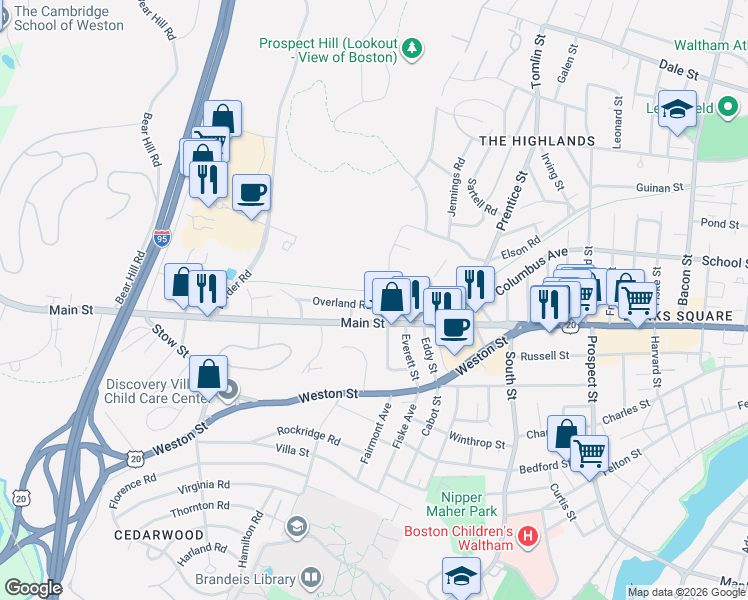 map of restaurants, bars, coffee shops, grocery stores, and more near 1089 Main Street in Waltham
