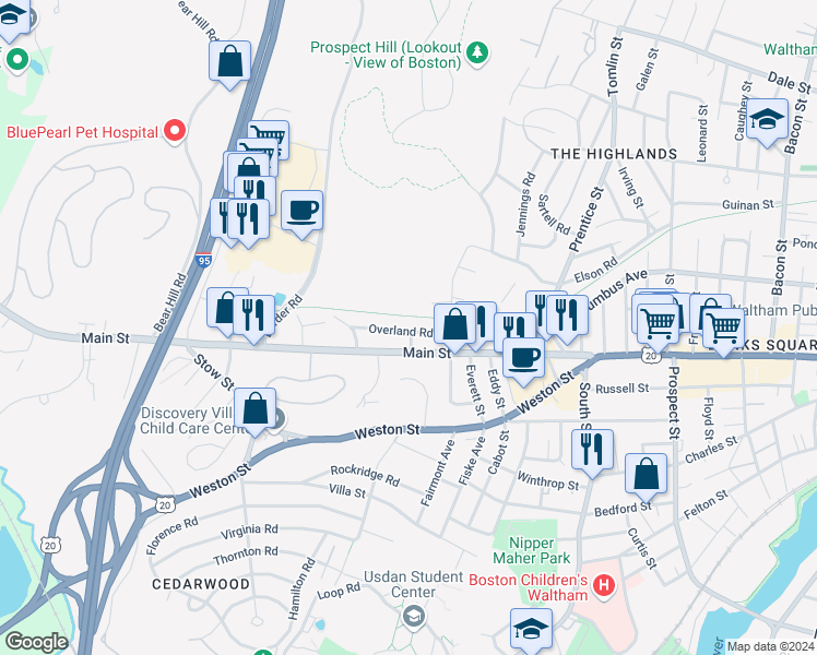 map of restaurants, bars, coffee shops, grocery stores, and more near in Waltham