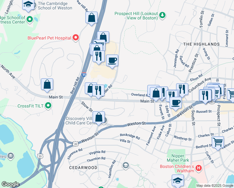 map of restaurants, bars, coffee shops, grocery stores, and more near 1186 Main Street in Waltham
