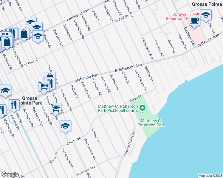 map of restaurants, bars, coffee shops, grocery stores, and more near 875 Harcourt Road in Grosse Pointe Park